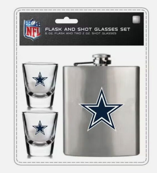 NFL Dallas Cowboys Shot Glass and Brushed Stainless Steel Flask Set