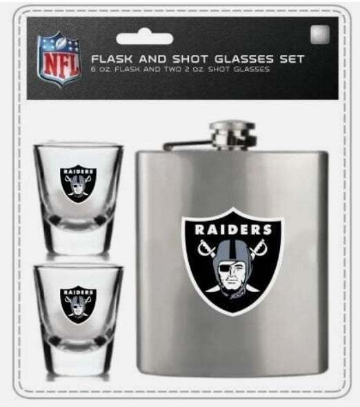 NFL Las Vegas Raiders Shot Glass and Brushed Stainless Steel Flask Set