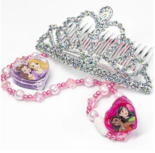 Disney Princess Cosmetic Jewelry Set, Pink Necklace, Pretend Diamond Tiara, Lip Gloss Locket - Disney Princess Cosmetic Jewelry Set, Pink Necklace, Pretend Diamond Tiara, Lip Gloss Locket