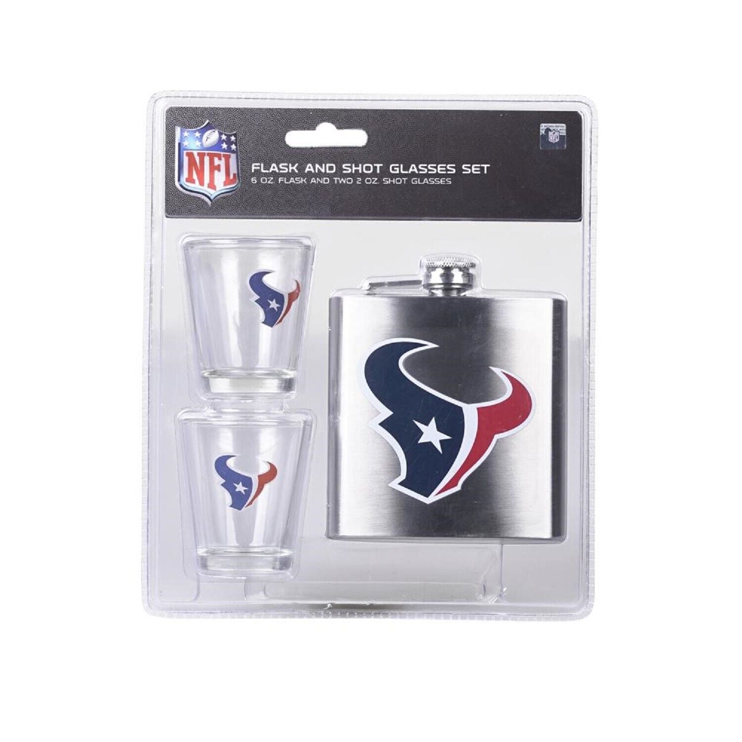 NFL Houston Texans 6oz Flask & 2oz Glass Shot Set, Stainless Steel Flask - NFL Houston Texans 6oz Flask & 2oz Glass Shot Set, Stainless Steel Flask